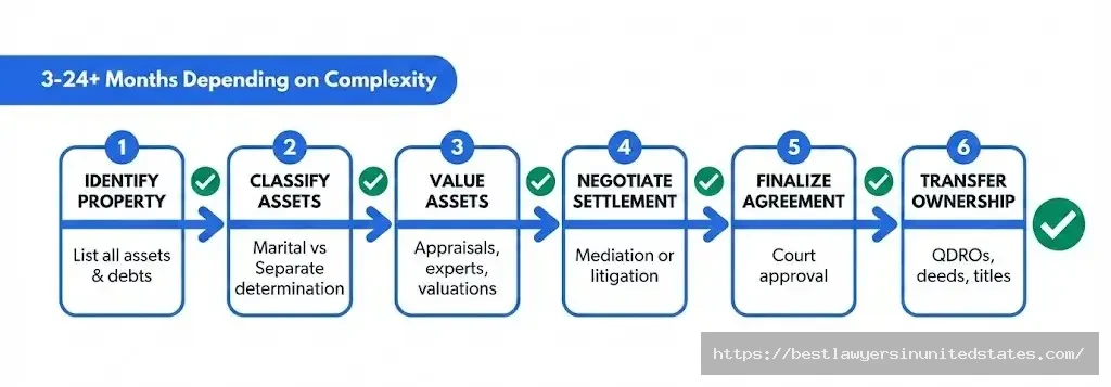 Property division divorce timeline process steps from identification to ownership transfer