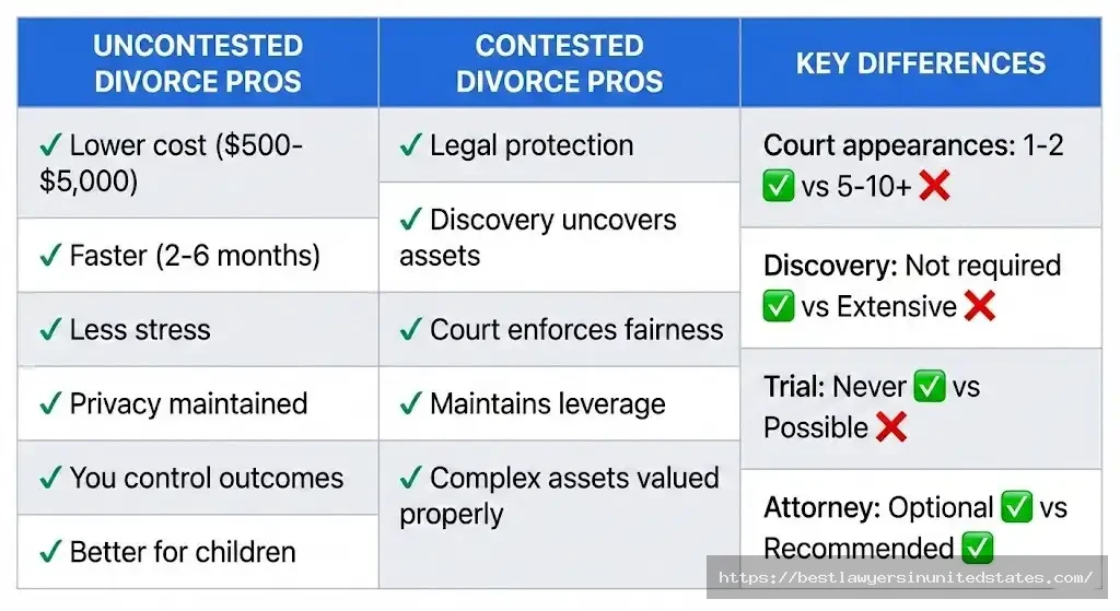 Pros and cons comparison table for contested and uncontested divorce showing cost and timeline differences