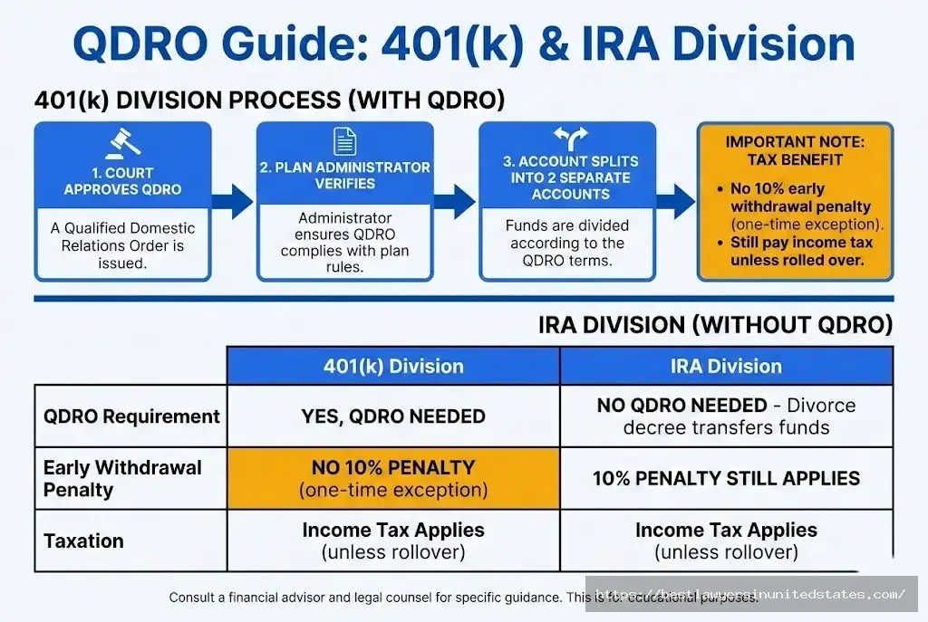 QDRO retirement account division process for 401k and IRA in divorce with tax implications 2026