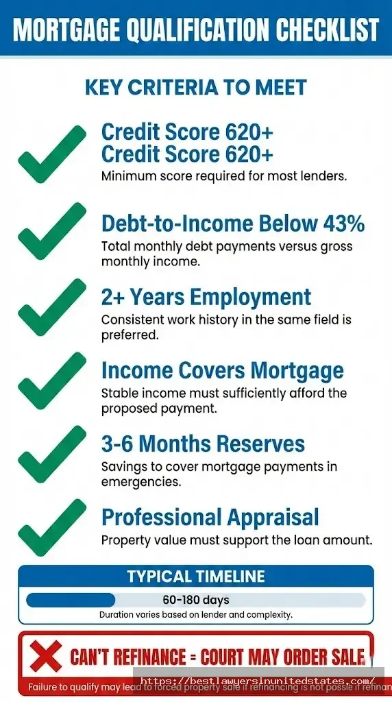 Refinancing requirements after divorce checklist credit score, debt-to-income ratio, employment, income, and reserves