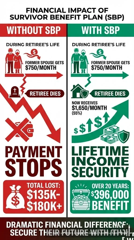 SBP survivor benefit comparison showing $396K lifetime value with coverage vs total loss without SBP protection