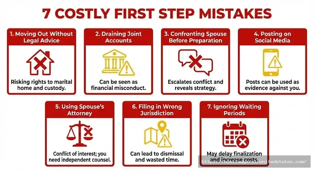 Seven common first step divorce mistakes to avoid including moving out, draining accounts, and social media posting