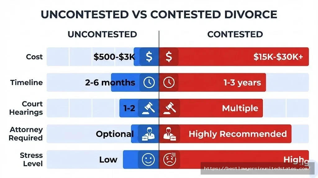 Side-by-side comparison showing uncontested divorce takes 2-6 months and costs $500-$3,000 vs contested 1-3 years and $15,000+