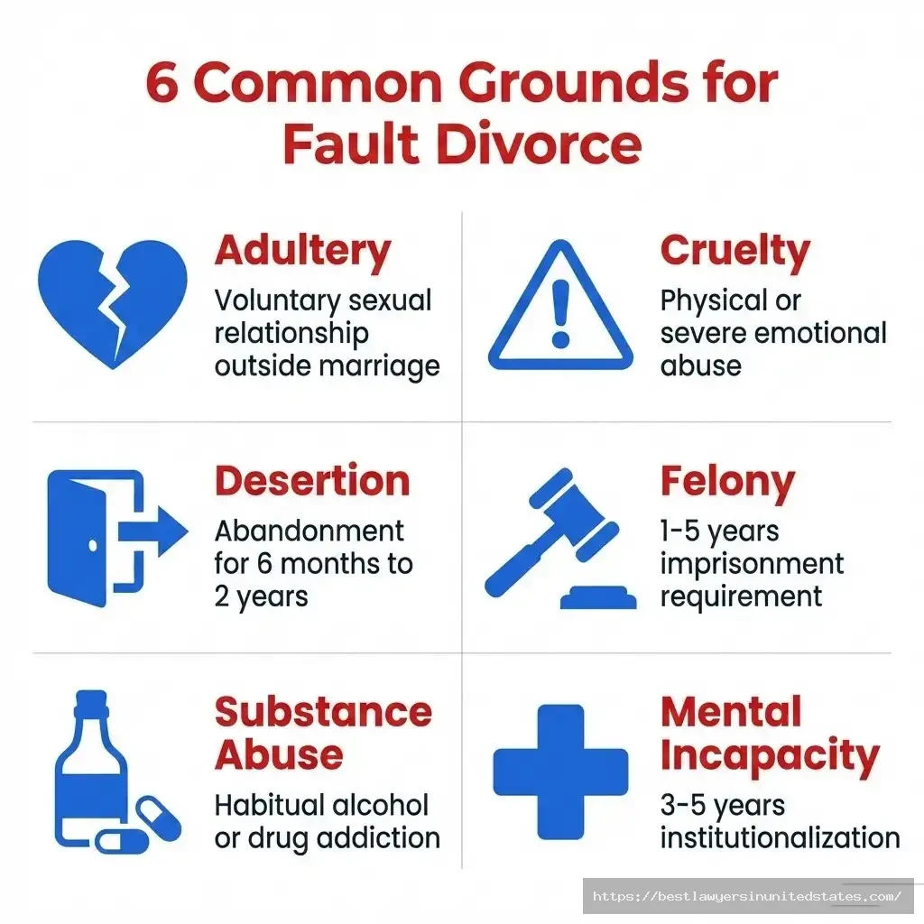 Six common grounds for fault divorce including adultery, cruelty, desertion, felony conviction, substance abuse, and mental incapacity