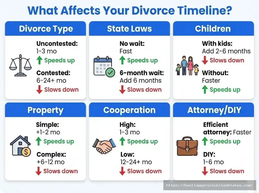 Six factors affecting divorce timeline including type, state laws, children, property, cooperation, and attorney choice