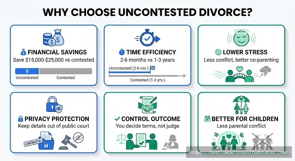 Six key benefits of uncontested divorce including saving $15,000-$25,000, faster timeline, and better outcomes for children
