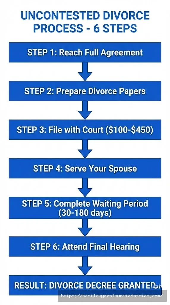 Six-step uncontested divorce process flowchart from reaching agreement through final hearing to divorce decree