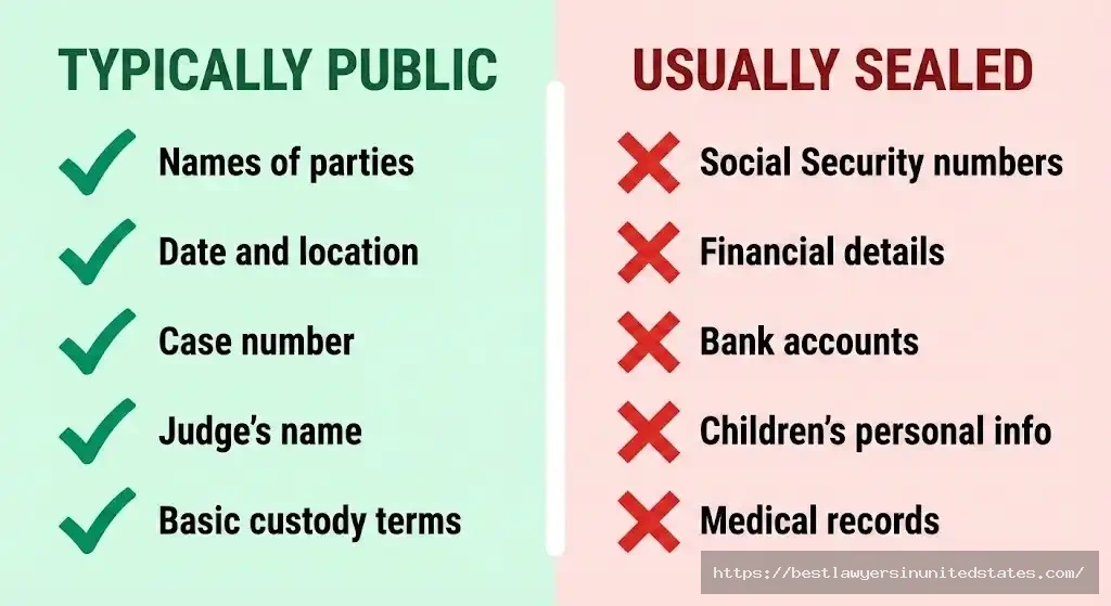 Split infographic showing what information is public versus sealed in divorce records