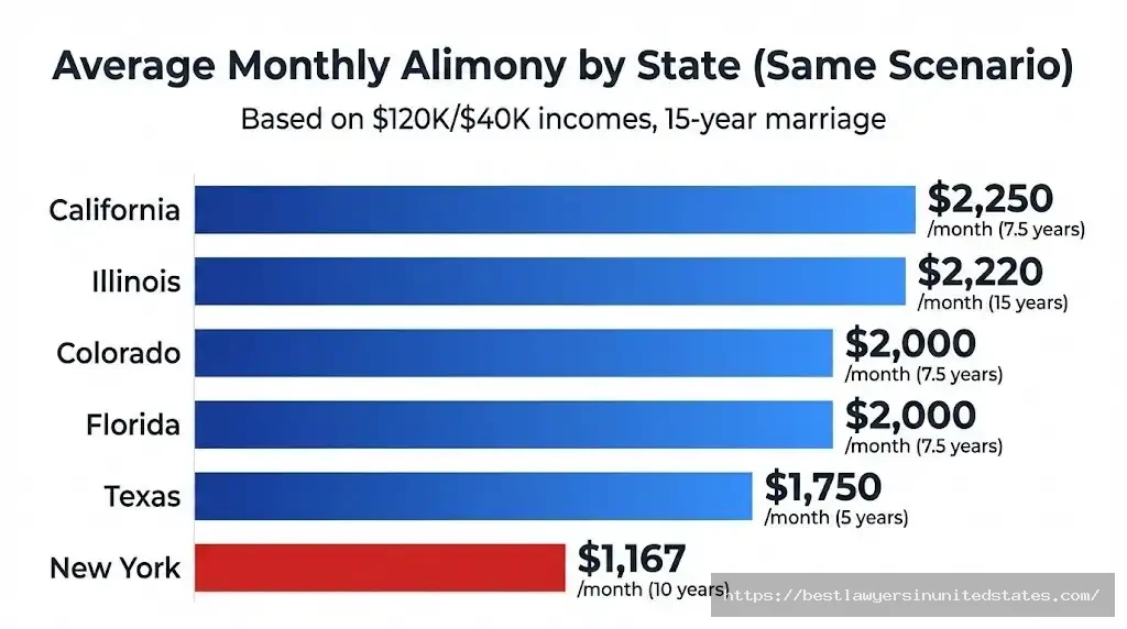 State-by-state alimony comparison showing monthly payment amounts for Illinois, Colorado, California, New York, Texas, and Florida