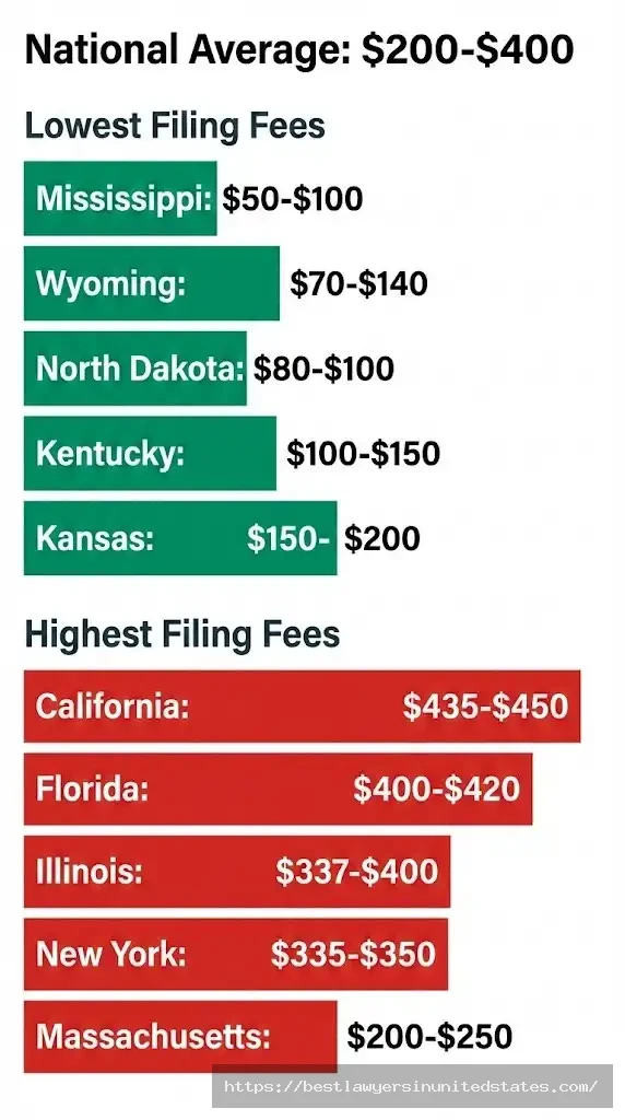 State divorce filing fees comparison from Mississippi $50 to California $450 with national average
