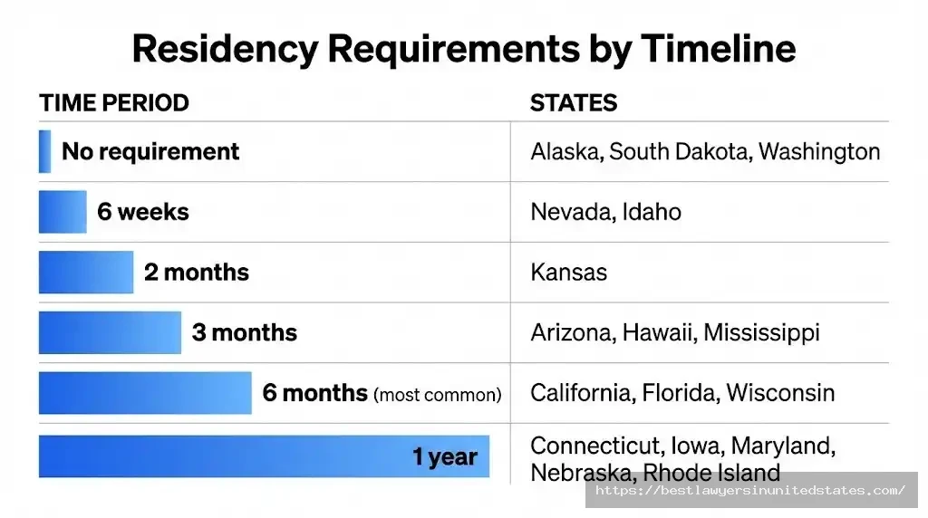 State divorce residency requirements chart showing waiting periods from no requirement to 1 year across all US states