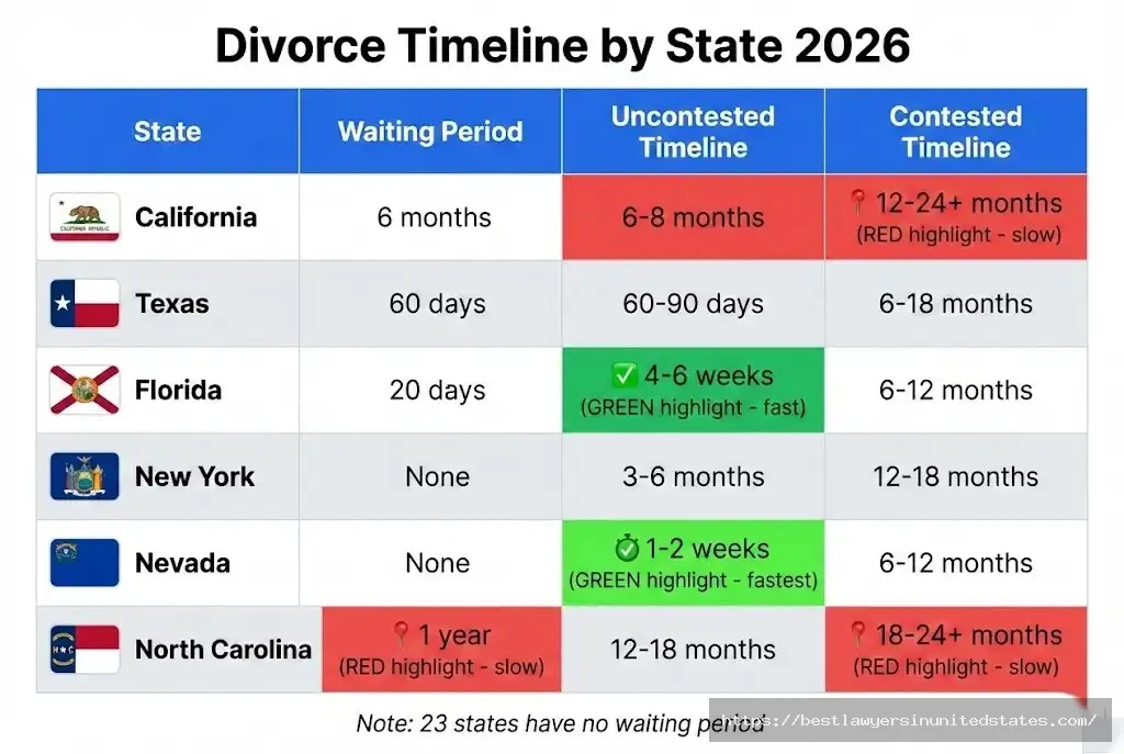 State divorce timeline comparison table showing California 6 months, Nevada 1-2 weeks, Texas 60 days, Florida 20 days