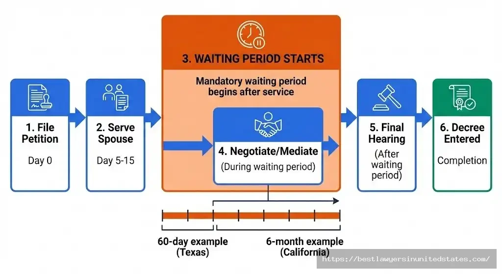 Step-by-step divorce timeline showing when waiting period starts and ends with examples