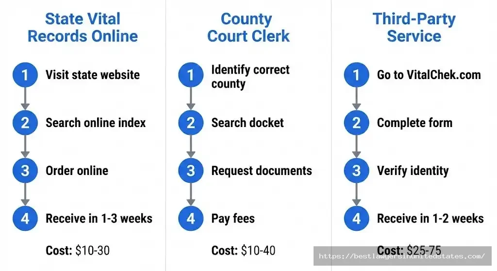 Three-column guide showing methods to search divorce records online, through court clerk, or third-party services