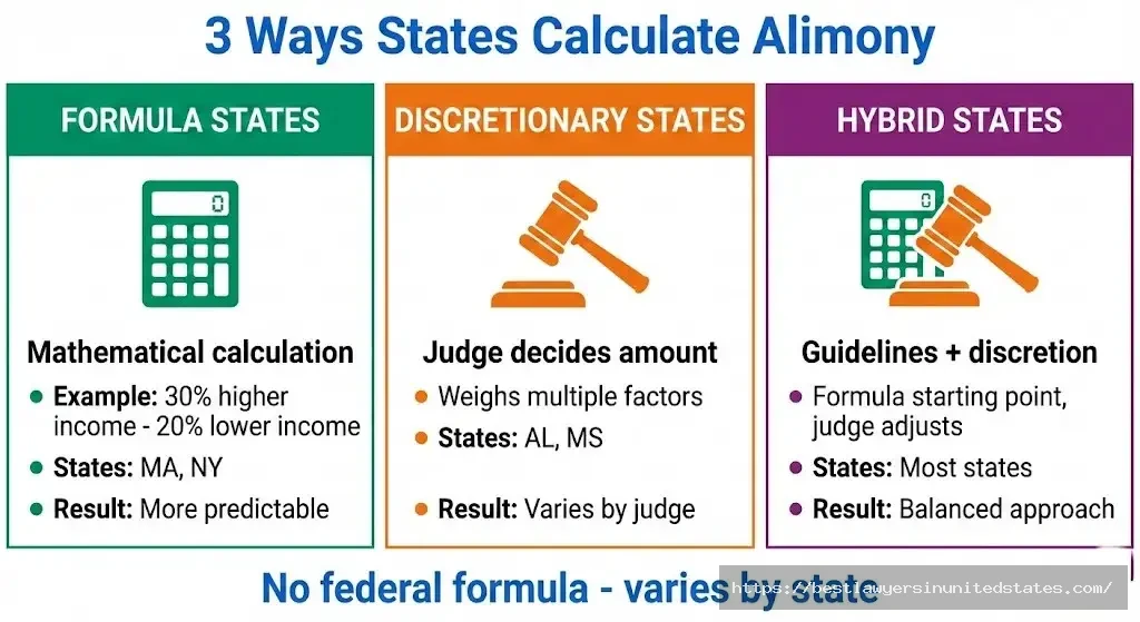 Three methods states use to calculate alimony formula-based, discretionary, and hybrid approaches with examples
