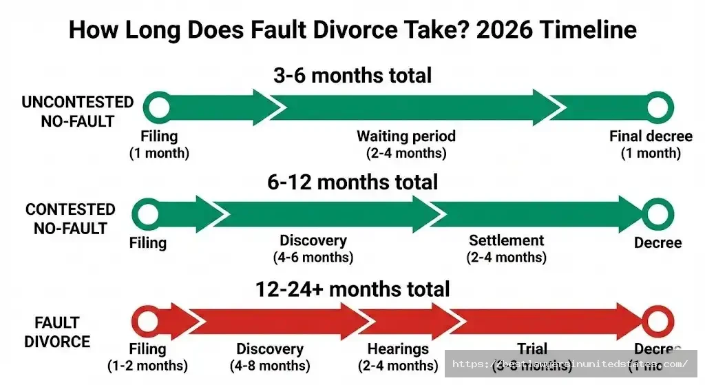 Timeline comparison showing fault divorce takes 12-24+ months vs 6-12 months for no-fault divorce in 2026