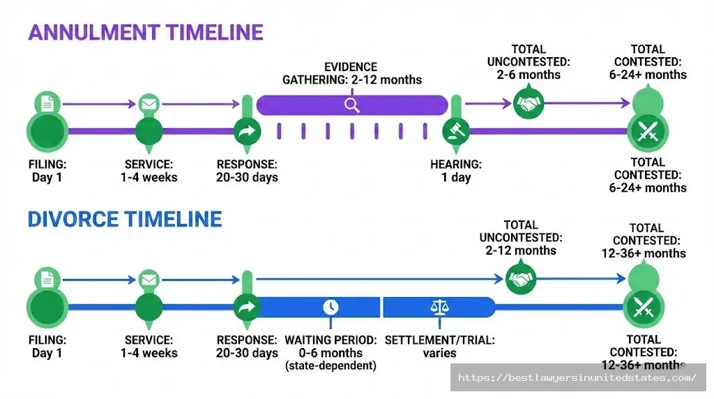 Timeline comparison showing how long annulment vs divorce takes in 2026 for contested and uncontested cases