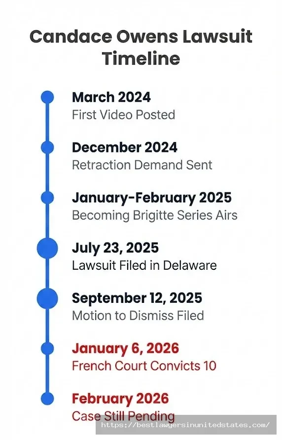 Timeline of Candace Owens lawsuit events from March 2024 through February 2026 showing major case developments
