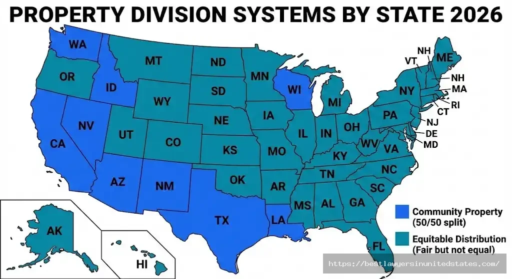 U.S. map showing 9 community property states vs 41 equitable distribution states for divorce property division 2026