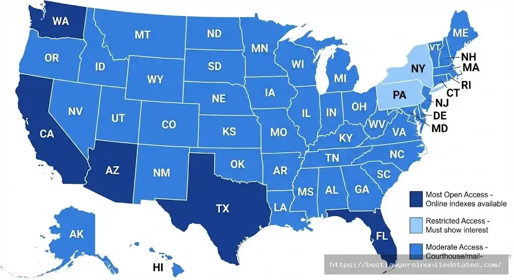 U.S. map showing divorce records public access levels by state from most open to restricted