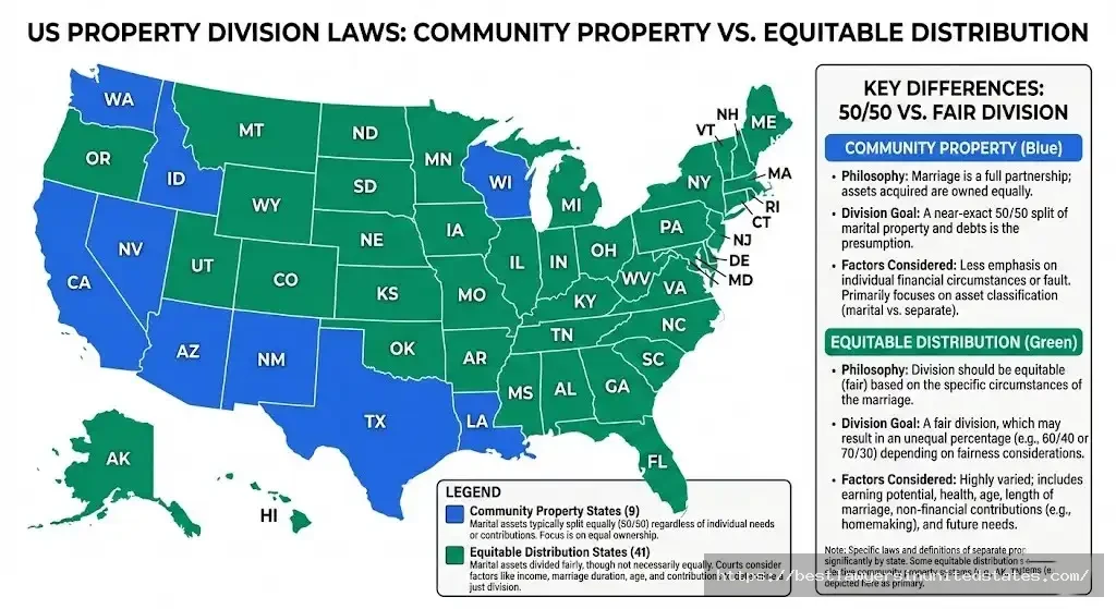 US map showing 9 community property states vs 41 equitable distribution states for divorce property division