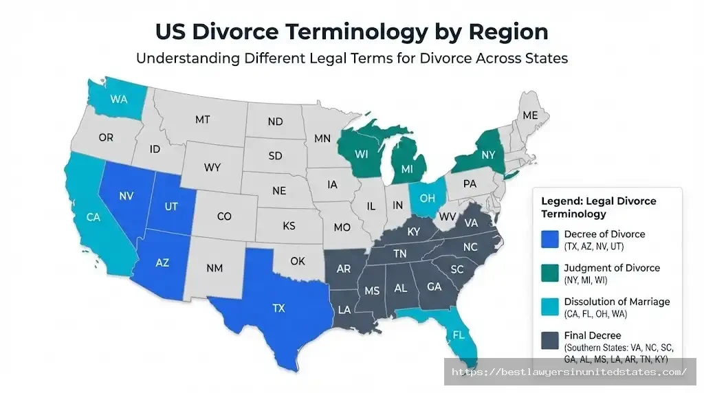 US map showing different state terminology for divorce decrees including judgment and dissolution