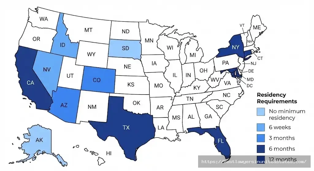 US map showing divorce residency requirements by state from no minimum to 12 month