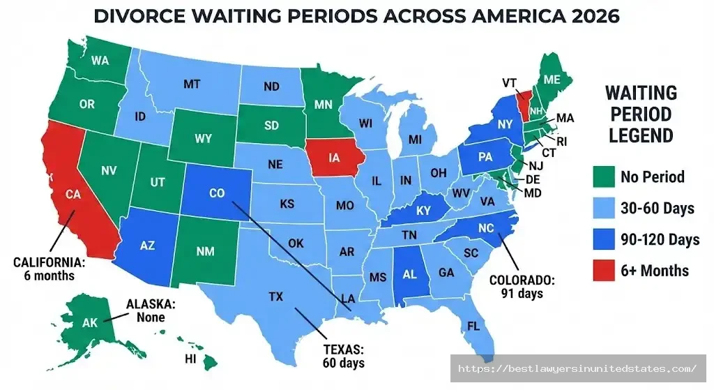 US map showing divorce waiting periods by state in 2026 from none to 6 months
