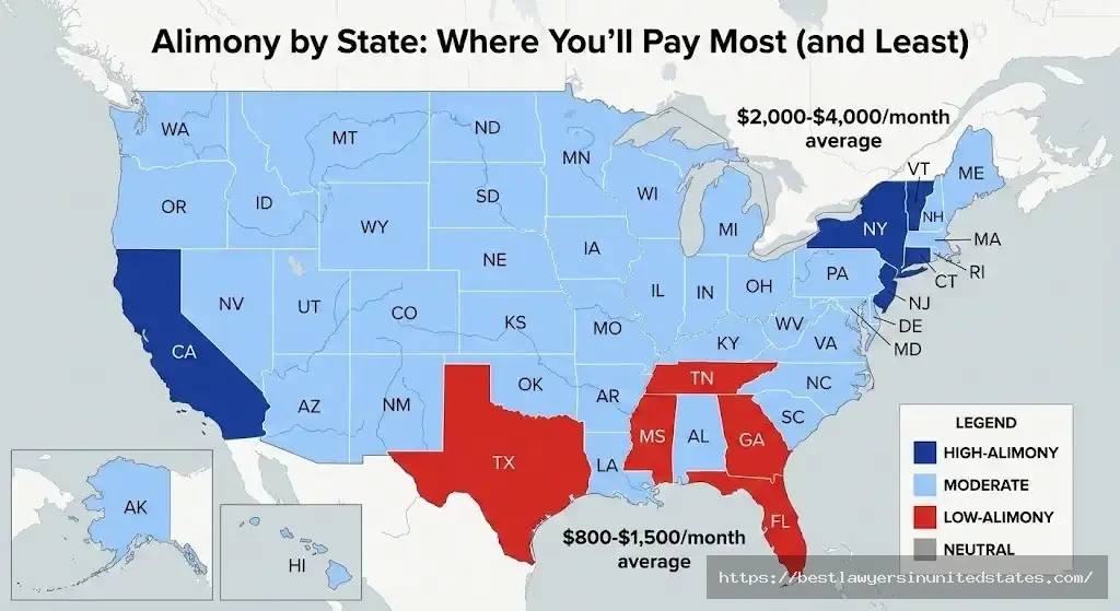 US map showing high-alimony states like California and New York versus low-alimony states like Texas and Florida