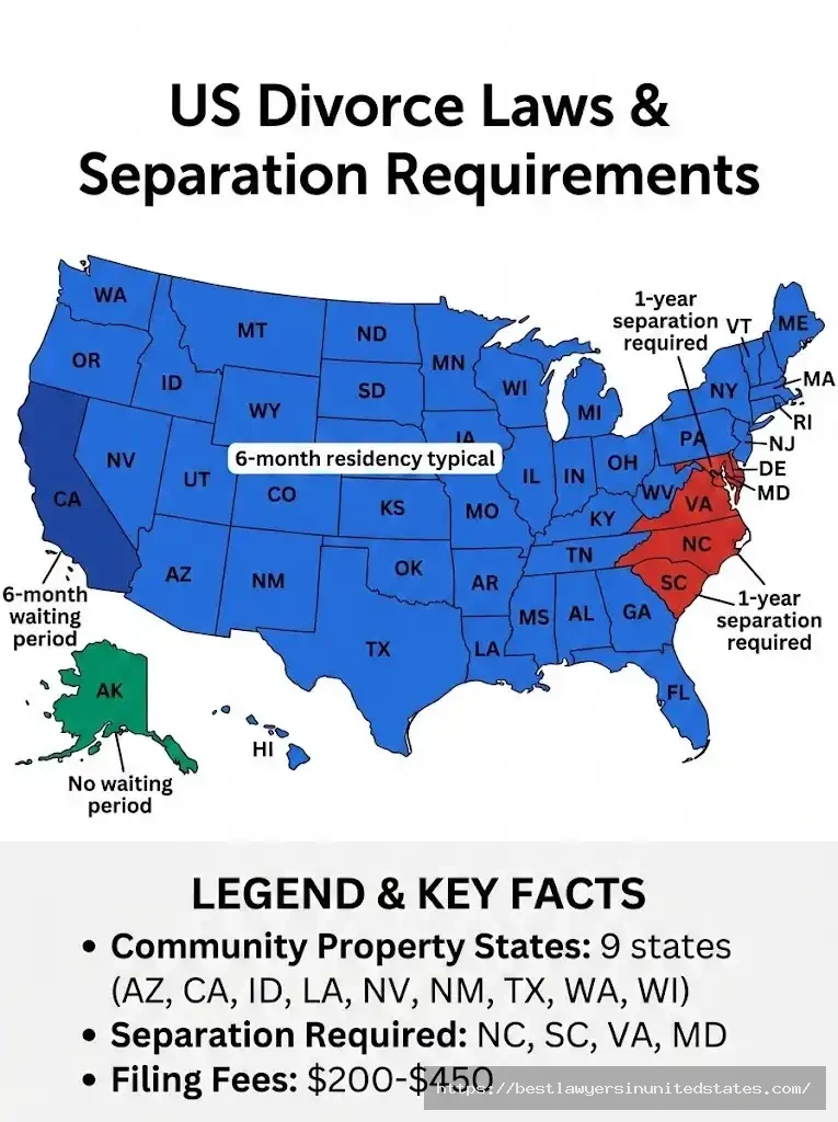 US map showing state-specific divorce requirements including separation periods, residency requirements, and community property states