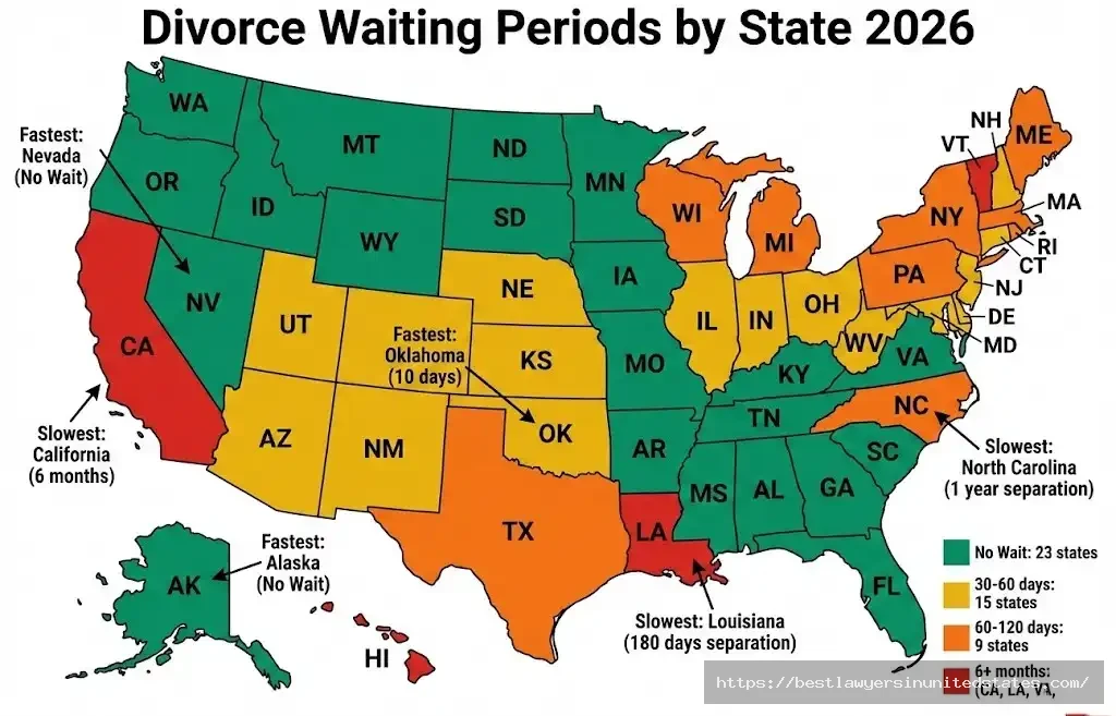 USA map showing divorce waiting periods by state with California 6 months, Nevada no wait, color coded by timeline