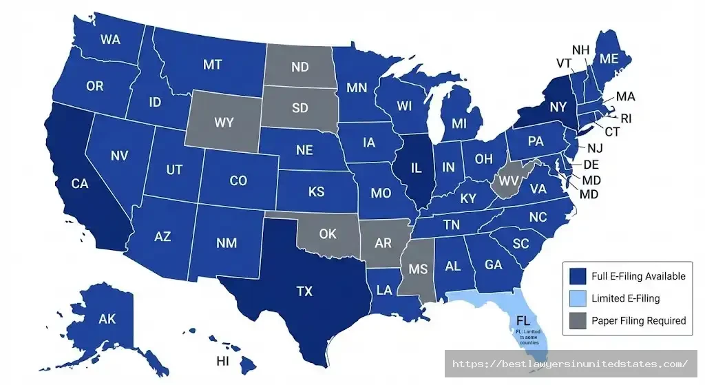 USA map showing online divorce e-filing availability by state with full, limited, and paper filing requirement