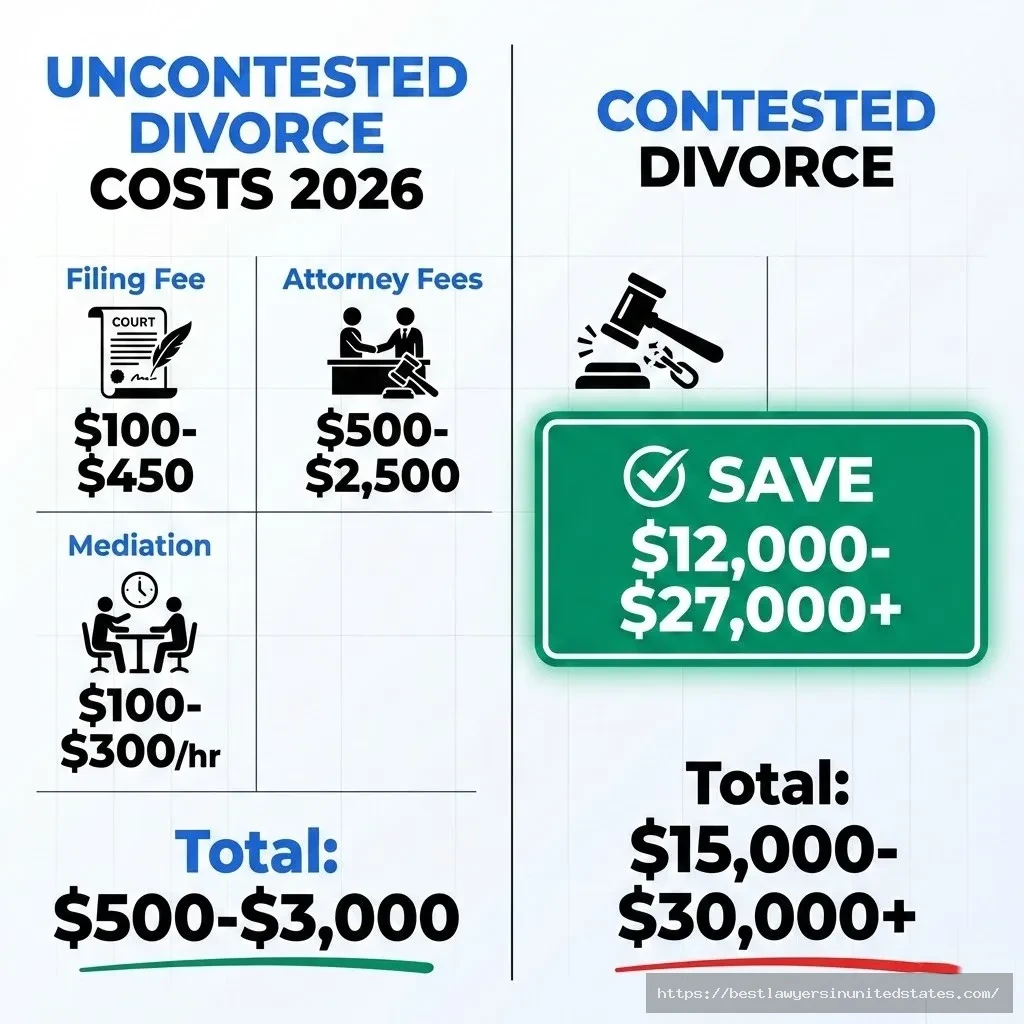 Uncontested divorce cost comparison 2026 showing $500-$3,000 total vs $15,000-$30,000 for contested divorce