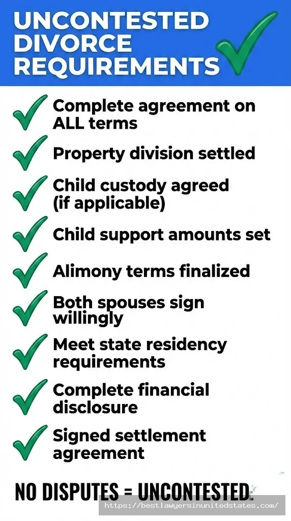 Uncontested divorce requirements checklist showing complete agreement on property, custody, support, and all divorce terms required