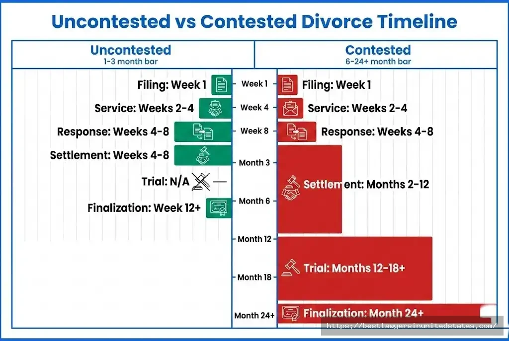 Uncontested divorce timeline 1-3 months compared to contested divorce 6-24+ months with process stages breakdown