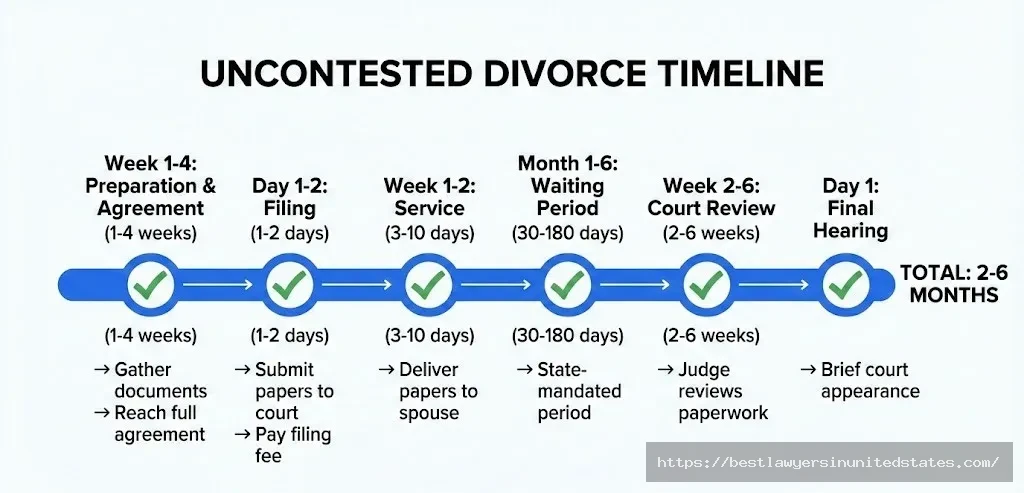 Uncontested divorce timeline showing 6 stages from filing to finalization in 2 to 6 months total