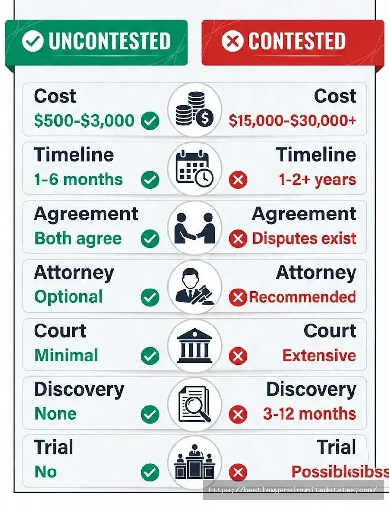 Uncontested vs contested divorce comparison chart showing costs, timelines, and key differences in divorce types