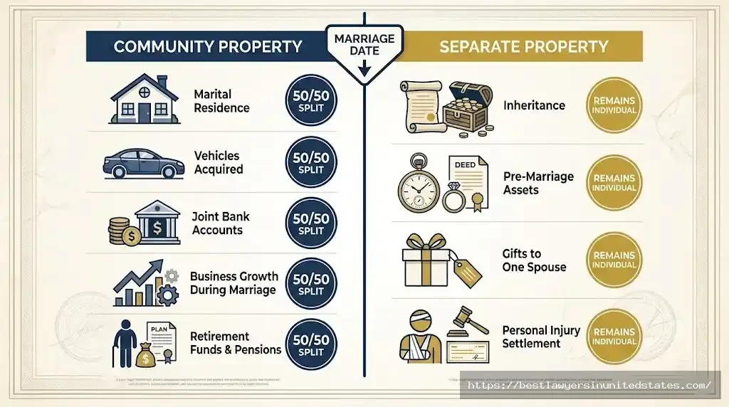 Chart comparing community property and separate property division under Texas family law