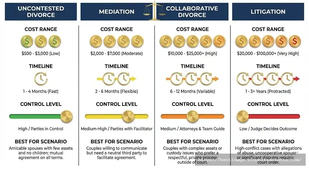 Comparison chart of divorce methods in Texas showing costs, timelines and control levels for uncontested, mediation, collaborative and litigation