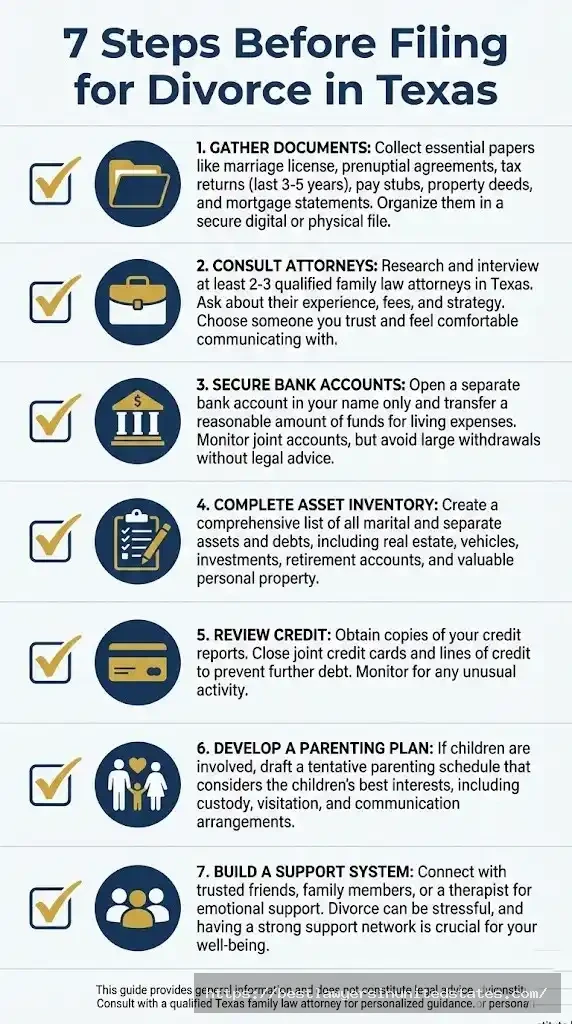 Checklist infographic showing 7 essential steps to take before filing for divorce in Texas