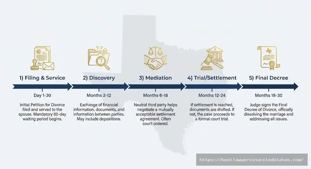 Infographic showing the 5 phases of Texas divorce process from filing to final decree