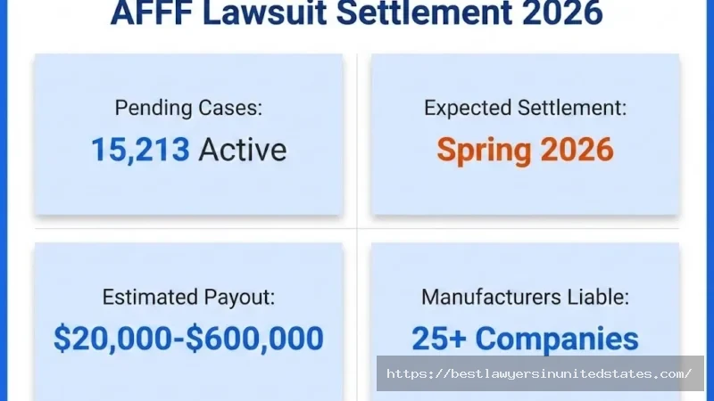AFFF lawsuit overview showing 15,213 cases, spring 2026 settlement, $20K-$600K payouts