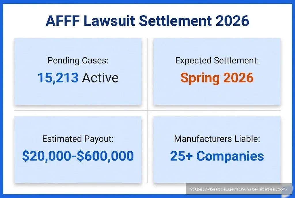 AFFF lawsuit overview showing 15,213 cases, spring 2026 settlement, $20K-$600K payouts