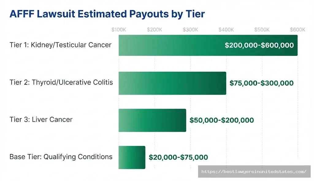 AFFF settlement tiers $200K-$600K for kidney cancer, $75K-$300K thyroid, $50K-$200K liver cancer