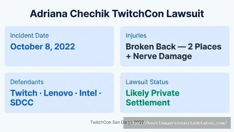 Adriana Chechik TwitchCon lawsuit overview October 2022 injury, broken back, Twitch Lenovo Intel defendants