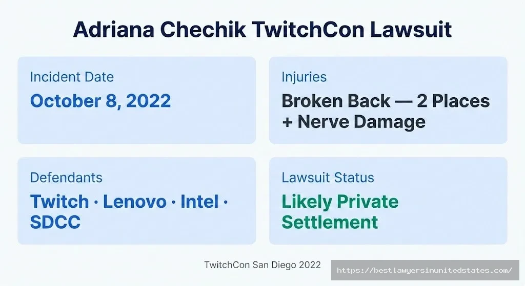 Adriana Chechik TwitchCon lawsuit overview October 2022 injury, broken back, Twitch Lenovo Intel defendants