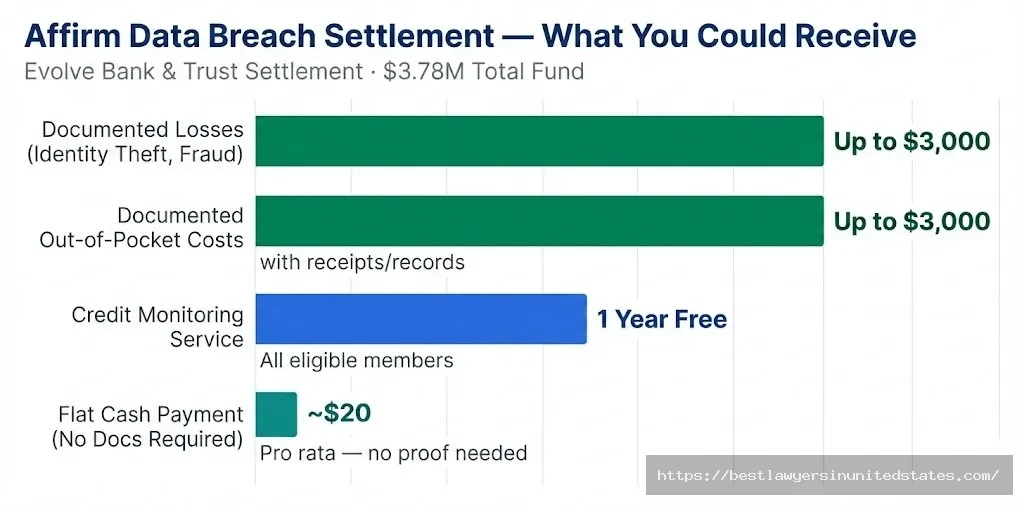 Affirm data breach settlement payout chart up to $3,000 for documented losses, $20 flat cash, free credit monitoring