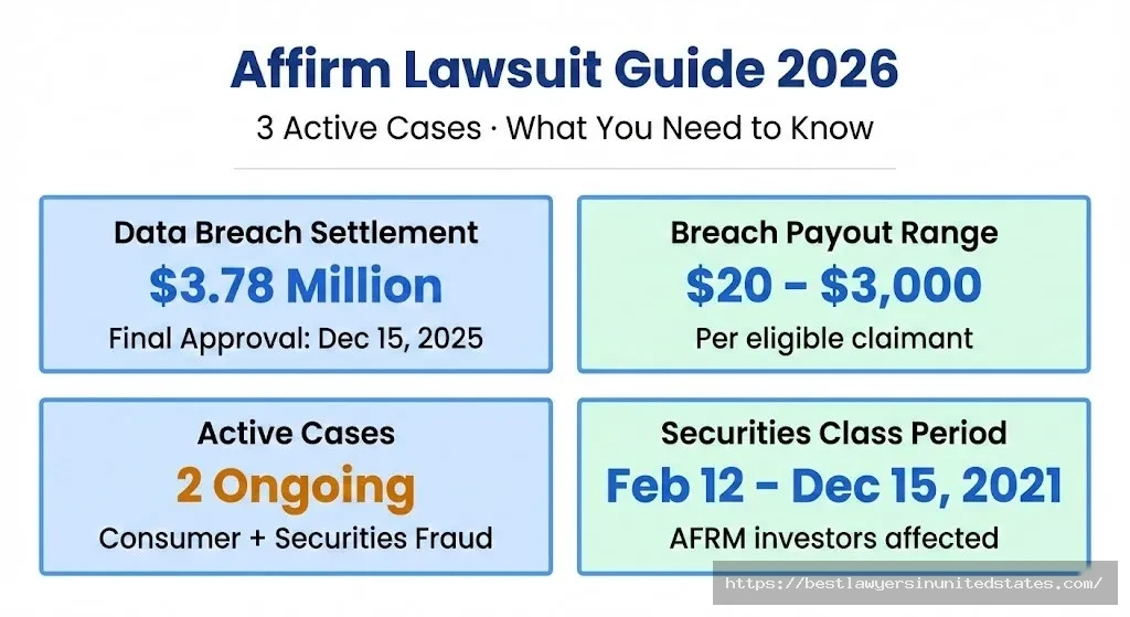 Affirm lawsuit 2026 overview $3.78M data breach settled, $20–$3,000 payout range, 2 active ongoing cases