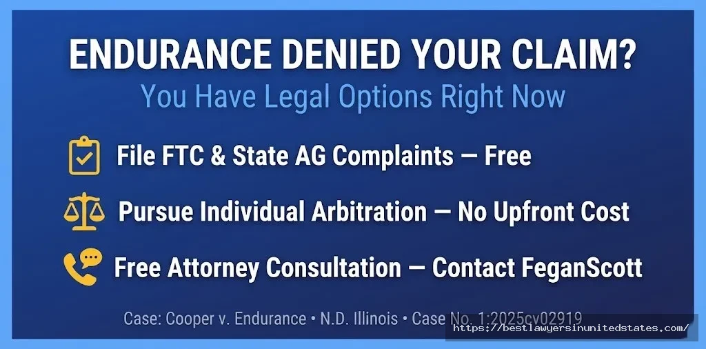 Alert banner Endurance denied your claim Know your legal options — arbitration, FTC complaints, free attorney consult