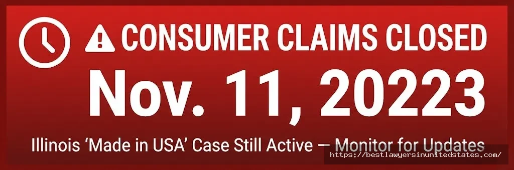 Alert graphic showing Dude Wipes consumer claim deadline of November 11, 2023 is closed; Illinois case ongoing